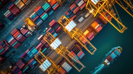 Zoomed-in image of a bustling trade port, shipping containers being loaded, indicative of economic activity