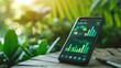 © chayantorn - Zoomed-in image of a smartphone displaying an app for tracking personal carbon footprint, green investments in the backdrop