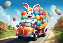 Easter Bunny Riding On The Car With Colorful Eggs - Illustration For Children