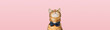 Cute Bengal cat wearing a bow tie on a pink background.