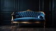 Vintage classic blue sofa chair on plain black dark empty room background from Generative AI