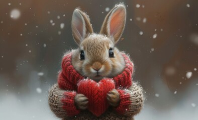 Poster - rabbit in a sweater holding heart, in the style of chic illustrations