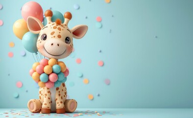 Poster - giraffe with a bunch of colorful balloons, which is perfect for a holiday design.