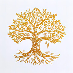 Wall Mural - Golden Yggdrasil tree with leaves, Norse mythology logo