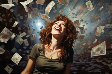 portrait of a happy woman with money