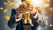 Businessman's Triumph Hand Holding a Golden Trophy, Symbolizing Corporate Achievement, Generative Ai