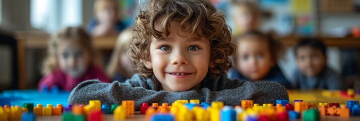 A cheerful, adorable boy plays with educational blocks in a joyful kindergarten setting.