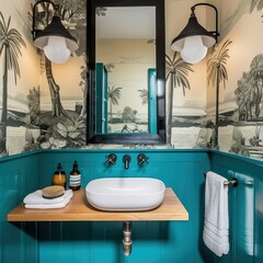 Wall Mural - Small bathroom with a bold teal half-wall and neutral wallpaper .