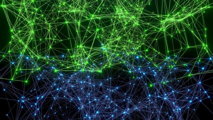 Wall Mural - Polygon network in green and blue. Abstract plexus, science, connections, wire, system and digital, geometry.