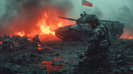 Wall Mural - 16:9 or 9:16  Tired frontline soldiers on the front lines of war.
