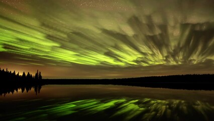 Wall Mural - a night sky blended time lapse of clouds moving above a calm lake with the sky lit up by bright gree