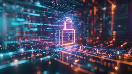 A hologram of a digital padlock symbolizing the secure authorization process for financial transactions with intricate computer code and data flowing around it.