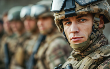 Portrait of a male soldier in military uniform with a helmet against the background other soldiers standing in the background.