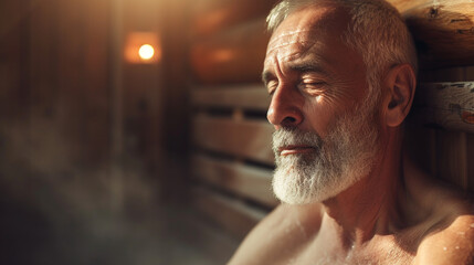 Wall Mural - Man relaxing in sauna. 