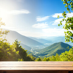 empty wooden table top for product display with mountain nature background ai generated