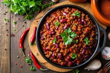 Beef chili con carne served on black plate on wooden background