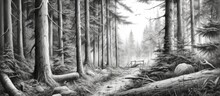 Black And White Panoramic Image Of A Forest Path In Winter