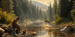 rugged prospector panning for gold in a serene, sunlit riverbed, surrounded by dense forest, detailed textures of water, trees, and rocks, vibrant natural lighting, and a panoramic view