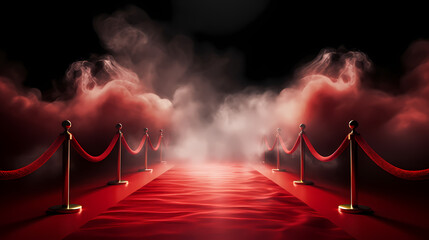 Wall Mural - Red carpet on the stairs on dark background, the way to glory, victory and success