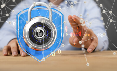 Fototapete - secure lock - padlock holding in hand access concept 3d