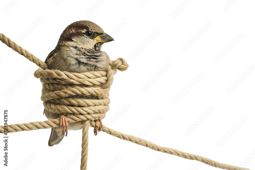 A bird with a rope wrapped around its body so tightly that it cannot ...