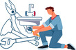 Plumber installs or repairs plumbing fixtures for website or emblem logo design. Plumbing and house renovation service.