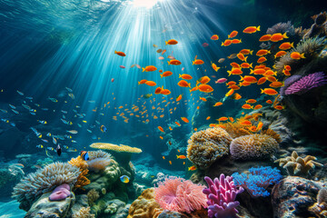 Wall Mural - Colorful fish swimming in underwater coral reef landscape. Deep blue ocean with colorful fish and marine life.