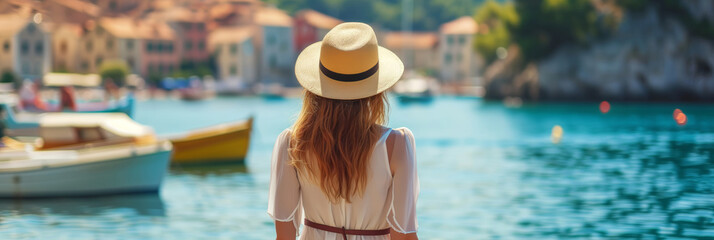 Wall Mural - Back view of beautiful young woman admiring scenery while visiting small southern European town on sunny summer day. Banner with young female travelling alone.