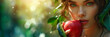 portrait of beautiful woman holds a red apple and big green snake around her . Blurred Background of heaven garden . Biblical Eve concept