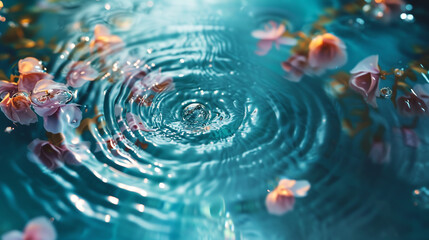 Water surface with rings and flowers, Spa background. 