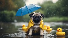 Dog With Umbrella A Pug Puppy With A Playful Frown, Wearing A Tiny Raincoat And Holding An Umbrella, Sitting In A Puddle With Rubber Ducks Duck Duckies