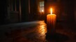 A scene of total darkness with just a candle lighting a room. Total blackout in a mysterious atmosphere in a contrast between darkness and the warm glow of a single candle.