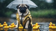 Dog Under Umbrella A Pug Puppy With A Playful Frown, Wearing A Tiny Raincoat And Holding An Umbrella, Sitting In A Puddle With Rubber Ducks Duckies