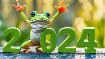 Leap day, one extra day, Leap year 29 February 2024 background. Green Frog and year 2024 text on green background.