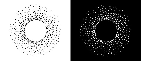Modern abstract background with dots in circle form. Logo, icon or design element. Black dots on a white background and white dots on the black side.