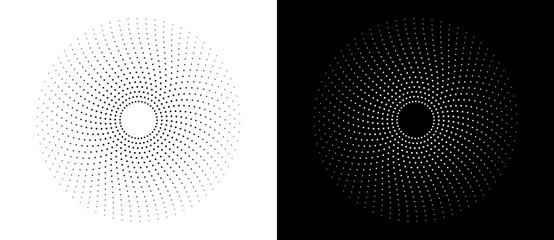 Wall Mural - Modern abstract background. Halftone dots in circle form. Spiral logo, icon or design element. Black dots on a white background and white dots on the black side.