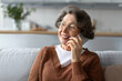 © Home-stock - Happy grandmother talking on phone, chatting with family or friends on telephone holding modern gadget to ear