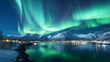 Northern Lights, Aurora Borealis reflected between two fjords in Tromsø, Night sky with polar lights. Night winter landscape with aurora and reflection on the water surface. Natural back, Generative A