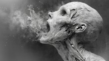 Ethereal Whisper, Black And White Photograph Of A Mummy, A Deceased Person Suffering From A Serious Illness From Nekatin Addiction, Shrouded In Smoke, Feeling Pain