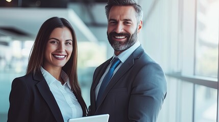 happy and smiling two professional business people standing in office with with digital tablets