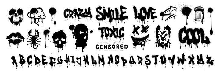 Graffiti font vector urban spray alphabet, street wall hand drawn letters, hip-hop modern style. Grunge drip print, fashion texture lettering splash, creative poster handwriting. Black graffiti font