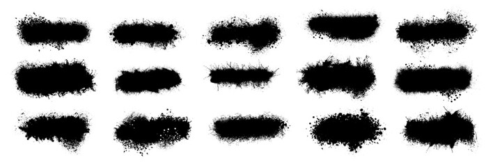 Ink splatter set, vector paint brush stroke kit, black grunge stain, graffiti texture liquid splash. Abstract dirty blob, messy shape drawing collection isolated on white. Ink splatter print element