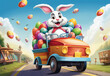 Easter bunny riding on the car with colorful eggs - illustration for children