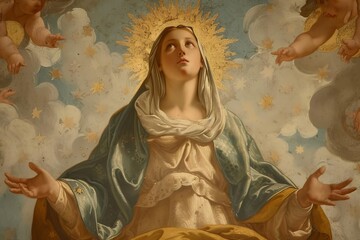 Celestial scene of mary Queen of heaven Reigning with grace and compassion