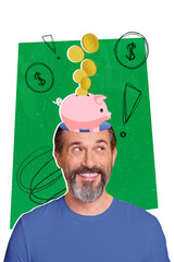 Sticker - Vertical artwork collage of positive aged man toothy smile think money pig bank inside head collect save coins isolated on creative background