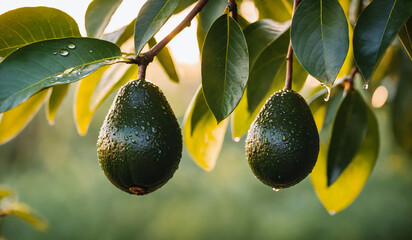 Wall Mural - two ripe avocados on a tree before harvest at sunset, water drops