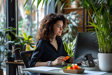 Young woman sitting in the office in front of the computer and snacks on vegetables. The concept of proper nutrition and healthy snacks