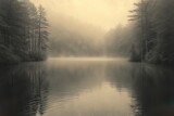 Fototapeta  - A serene misty forest and lake in gentle sepia tones, creating a tranquil haven exuding solitude. 