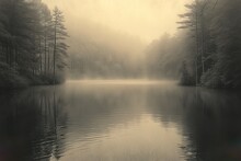 A Serene Misty Forest And Lake In Gentle Sepia Tones, Creating A Tranquil Haven Exuding Solitude. 