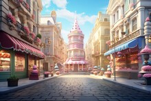 European City Street Pink Color With Pastry And Sweets And Candy